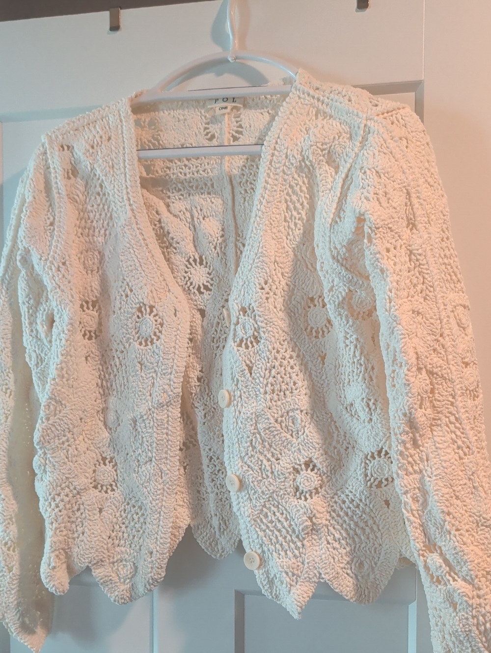 POL Openwork Crochet Button-Front Cardigan - Cream